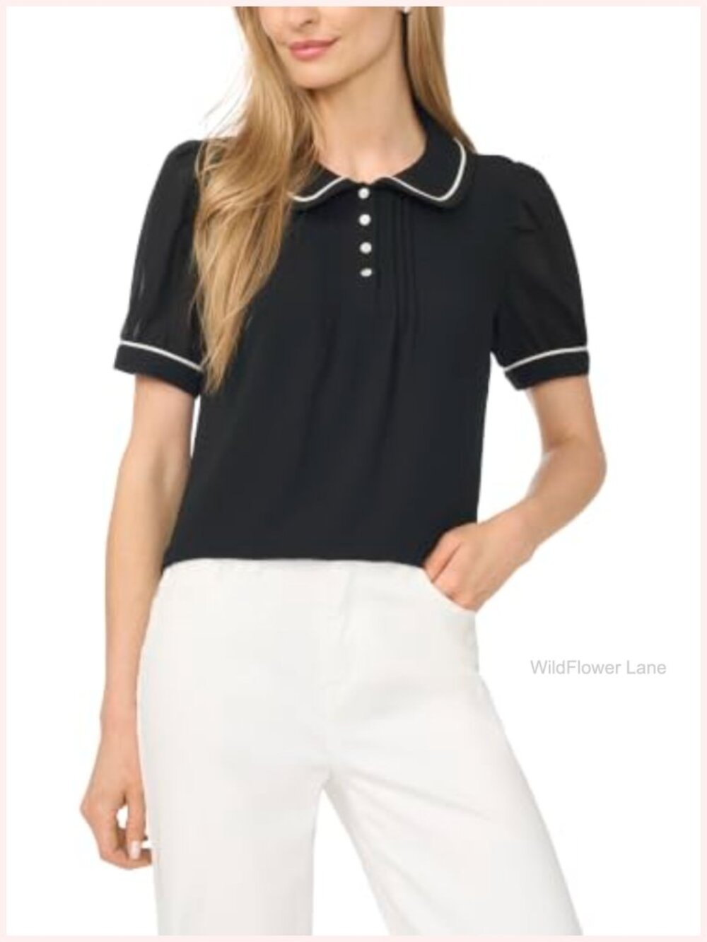 Puff Short Sleeve Pintuck Pleat Peter Pan Collar Blouse